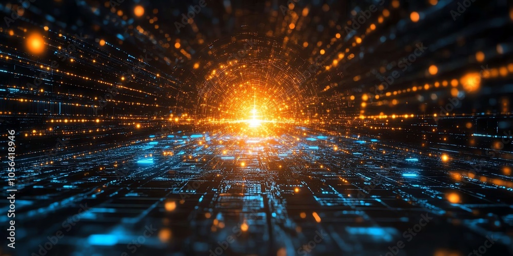 Poster Abstract futuristic tunnel with glowing lights and circuit board.