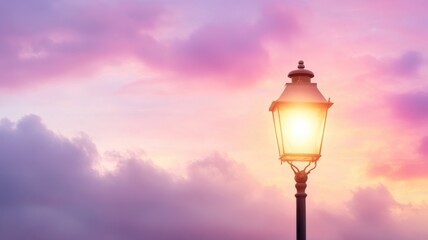 A serene street lamp glowing warmly against a beautiful pink and purple sunset sky, creating a peaceful atmosphere.