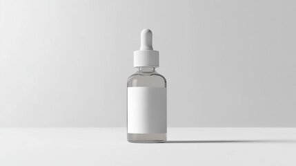 Minimalistic product photography featuring glass dropper bottle with white label. clean design emphasizes simplicity and elegance, perfect for showcasing skincare or cosmetic products