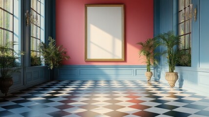 Fototapeta premium 4K mockup of a blank poster hanging on a checkerboard tiled wall with sharp edges.