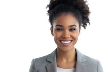 PNG Image of Cheerful African American professional woman in a grey blazer,