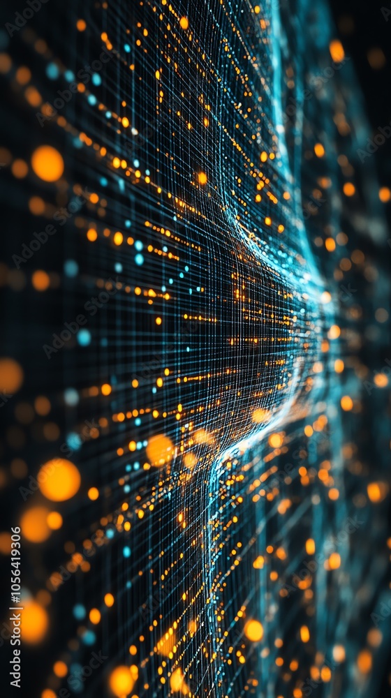 Poster Abstract digital data flow with glowing particles and lines, representing digital information and technology.