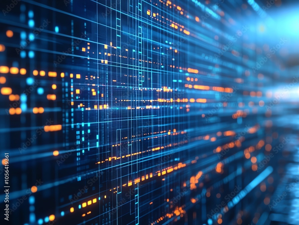 Aufkleber Abstract digital background with blue and orange lines and dots representing data flow.