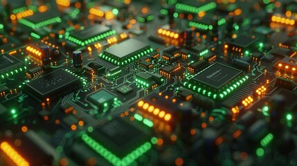 Obraz premium Futuristic Circuit Board Design: 3D Rendering of Server Processing with Vibrant Color Background