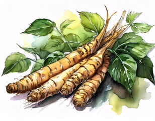 A detailed illustration of several burdock roots with green leaves, showcasing their texture and natural appearance
