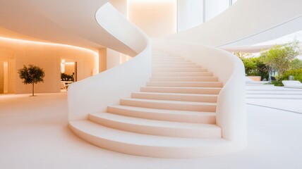 Naklejka premium A sleek and modern spiral staircase bathed in natural light, showcasing minimalist architectural design in a serene environment.