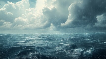 Heavy storm clouds forming over a vast ocean, with rain falling and mares heaving generative ai