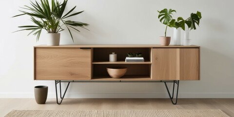 Modern wooden sideboard, minimalist living room, sleek metal legs, open shelving, decorative plants, abstract wall art, neutral tones, contemporary interior design, clean lines, mid-century modern inf