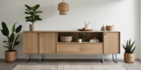 Modern wooden sideboard, minimalist living room, sleek metal legs, open shelving, decorative plants, abstract wall art, neutral tones, contemporary interior design, clean lines, mid-century modern inf