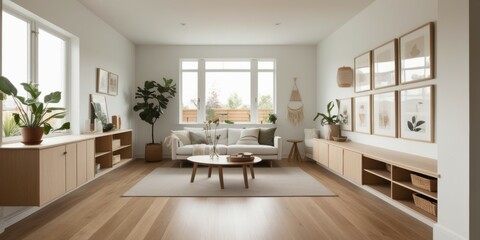 Fototapeta premium Scandinavian minimalist living room, bright natural light, large windows, wooden floors, white walls, neutral color palette, dining table, modern chairs, houseplants, built-in shelving, cozy seating a
