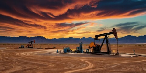 Fototapeta premium Oil pumpjack silhouette, dramatic sunset sky, vibrant orange clouds, desert landscape, oil field, industrial equipment, panoramic view, cinematic lighting, golden hour, wide angle shot, high contrast,