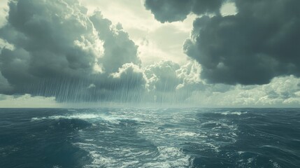 Fototapeta premium Heavy storm clouds forming over a vast ocean, with rain falling and mares heaving generative ai