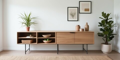 Fototapeta premium Modern wooden sideboard, minimalist living room, sleek metal legs, open shelving, decorative plants, abstract wall art, neutral tones, contemporary interior design, clean lines, mid-century modern inf