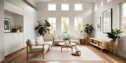 Fototapeta premium Scandinavian minimalist living room, bright natural light, large windows, wooden floors, white walls, neutral color palette, dining table, modern chairs, houseplants, built-in shelving, cozy seating a