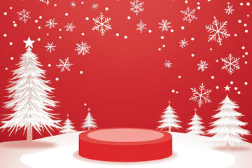 festive scene featuring red background with white Christmas trees and snowflakes, creating cheerful holiday atmosphere. circular podium adds focal point for decorations or displays