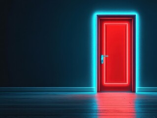A striking red door framed in neon blue light, set against a dark background, creating an inviting and mysterious atmosphere.