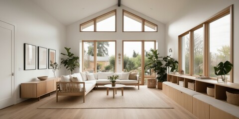 Fototapeta premium Scandinavian minimalist living room, bright natural light, large windows, wooden floors, white walls, neutral color palette, dining table, modern chairs, houseplants, built-in shelving, cozy seating a