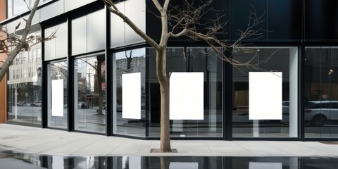 Modern glass storefront, minimalist architecture, empty retail space, reflective windows, black metal framing, urban setting, clean lines, commercial property, street view, transparent facade, contemp