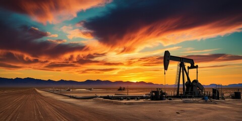 Oil pumpjack silhouette, dramatic sunset sky, vibrant orange clouds, desert landscape, oil field, industrial equipment, panoramic view, cinematic lighting, golden hour, wide angle shot, high contrast,