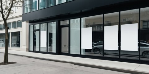 Modern glass storefront, minimalist architecture, empty retail space, reflective windows, black metal framing, urban setting, clean lines, commercial property, street view, transparent facade, contemp