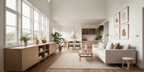 Scandinavian minimalist living room, bright natural light, large windows, wooden floors, white walls, neutral color palette, dining table, modern chairs, houseplants, built-in shelving, cozy seating a