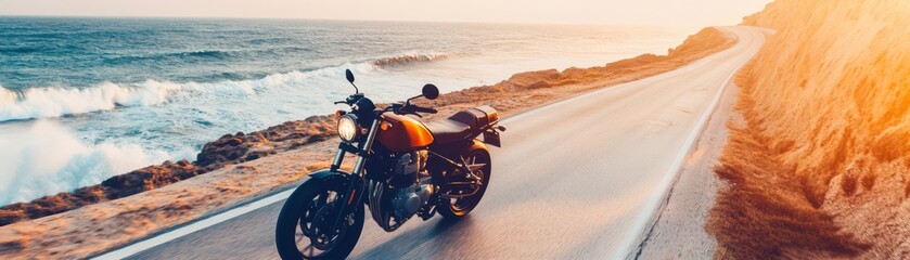 A stunning motorcycle parked by a coastal road with waves crashing, perfect for adventure and travel themes.