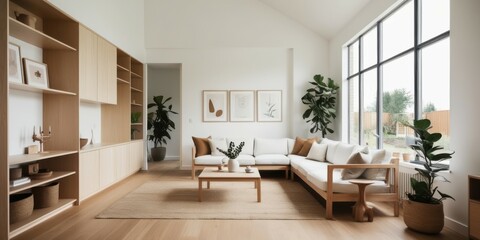 Fototapeta premium Scandinavian minimalist living room, bright natural light, large windows, wooden floors, white walls, neutral color palette, dining table, modern chairs, houseplants, built-in shelving, cozy seating a