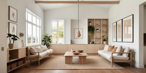 Fototapeta premium Scandinavian minimalist living room, bright natural light, large windows, wooden floors, white walls, neutral color palette, dining table, modern chairs, houseplants, built-in shelving, cozy seating a