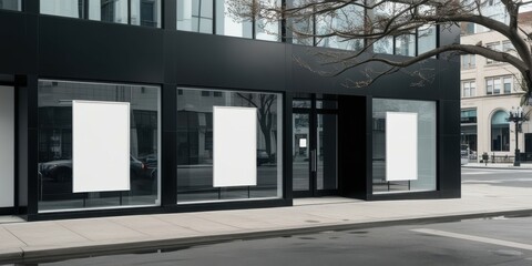 Modern glass storefront, minimalist architecture, empty retail space, reflective windows, black metal framing, urban setting, clean lines, commercial property, street view, transparent facade, contemp