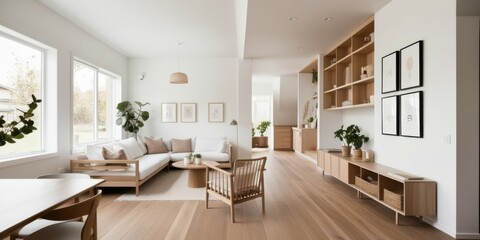 Fototapeta premium Scandinavian minimalist living room, bright natural light, large windows, wooden floors, white walls, neutral color palette, dining table, modern chairs, houseplants, built-in shelving, cozy seating a