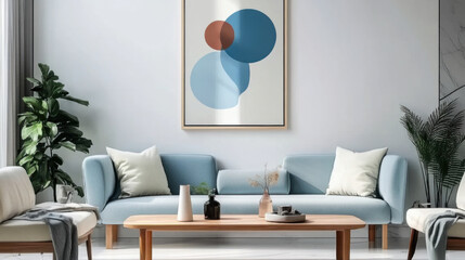 Blue armchair with wooden long coffee table interior design of modern living room