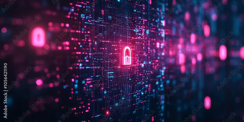 Poster A glowing padlock icon in a digital abstract background.