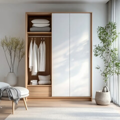 White wooden scandinavian style interior design of modern bedroom