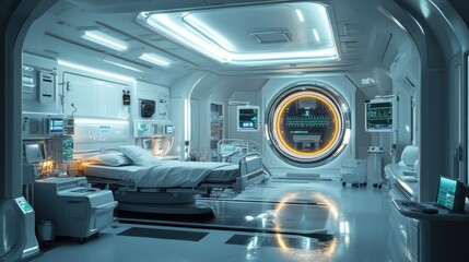 Futuristic hospital room with a bed, medical equipment, and a large circular window.