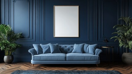 4K mockup of a blank poster hanging on a deep navy blue wall with sleek wooden flooring.