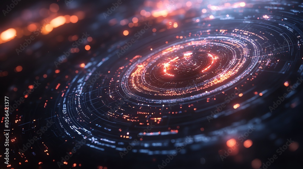 Poster Abstract futuristic technology background with glowing circles and particles.