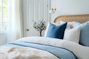 Round wooden bedroom between white door and blue pillows