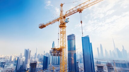 Fototapeta premium A towering crane amidst a city skyline, symbolizing construction and urban development against a clear blue sky.