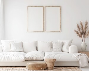 Minimalist living room interior design with white sofa. wooden stool. and pampas grass in a vase