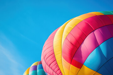 Fototapeta premium Colorful hot air balloons against clear blue sky create vibrant and joyful scene, perfect for capturing essence of adventure and freedom