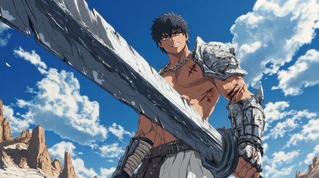 Anime warrior with battle armor and scars, holding a massive sword against a backdrop of a war-torn landscape.