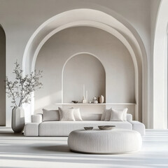 Boucle sofa and pouf in room with arch ceiling and stucco walls. Minimalist