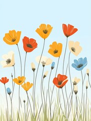 Fototapeta premium A vibrant illustration of colorful flowers against a light blue background.