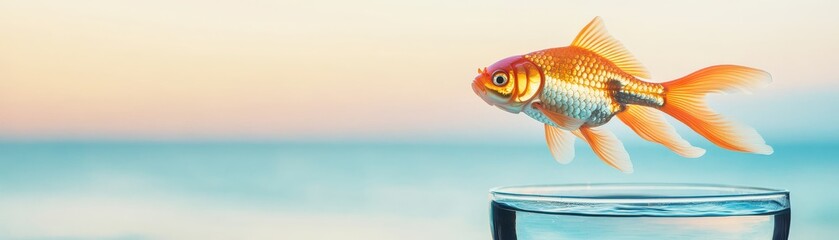 A vibrant goldfish leaps out of a glass bowl against a serene sunset, showcasing freedom and beauty in nature.