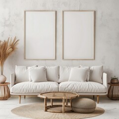 Minimalist living room interior design with a white sofa. two blank frames. a round coffee table. and a woven rug