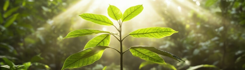 A vibrant green leaf illuminated by soft sunlight, showcasing nature's beauty and growth in a serene forest environment.