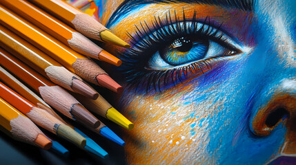 Vivid colored pencils and paintbrush on a stunning portrait, showcasing vibrant hues and artistic detail, blending realism and creativity. Pencil Realism. Illustration