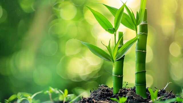 young green bamboo stems on blurred background with light rays