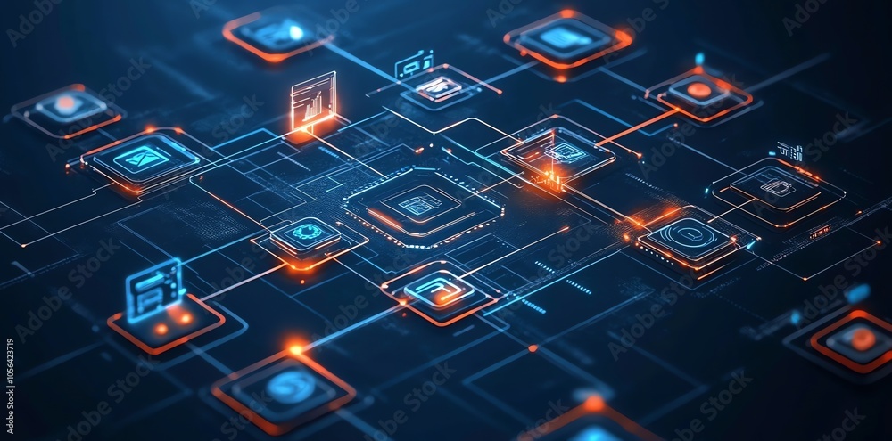 Poster Abstract 3D rendering of a digital network with glowing icons and lines.