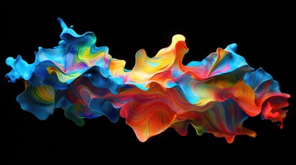 Bright rainbow ink splatter with fluid motion and 3D effect, forming an abstract, dynamic explosion of fantasy colors.